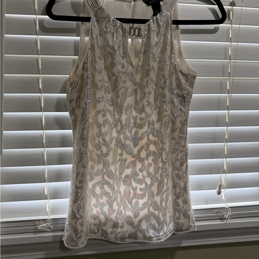 White House Black Market Silver and White Patterned Blouse Silk